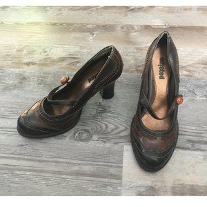 Brown heels (3.5 inches) with faux leather details from Unlisted (size 7.5)